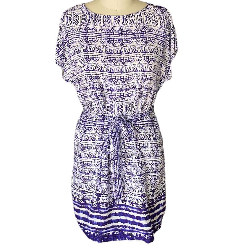 BLL NEW YORK Ladies Blue & White Sheath DRESS ~ Size Small ~ Cap Sleeves ~ Boho